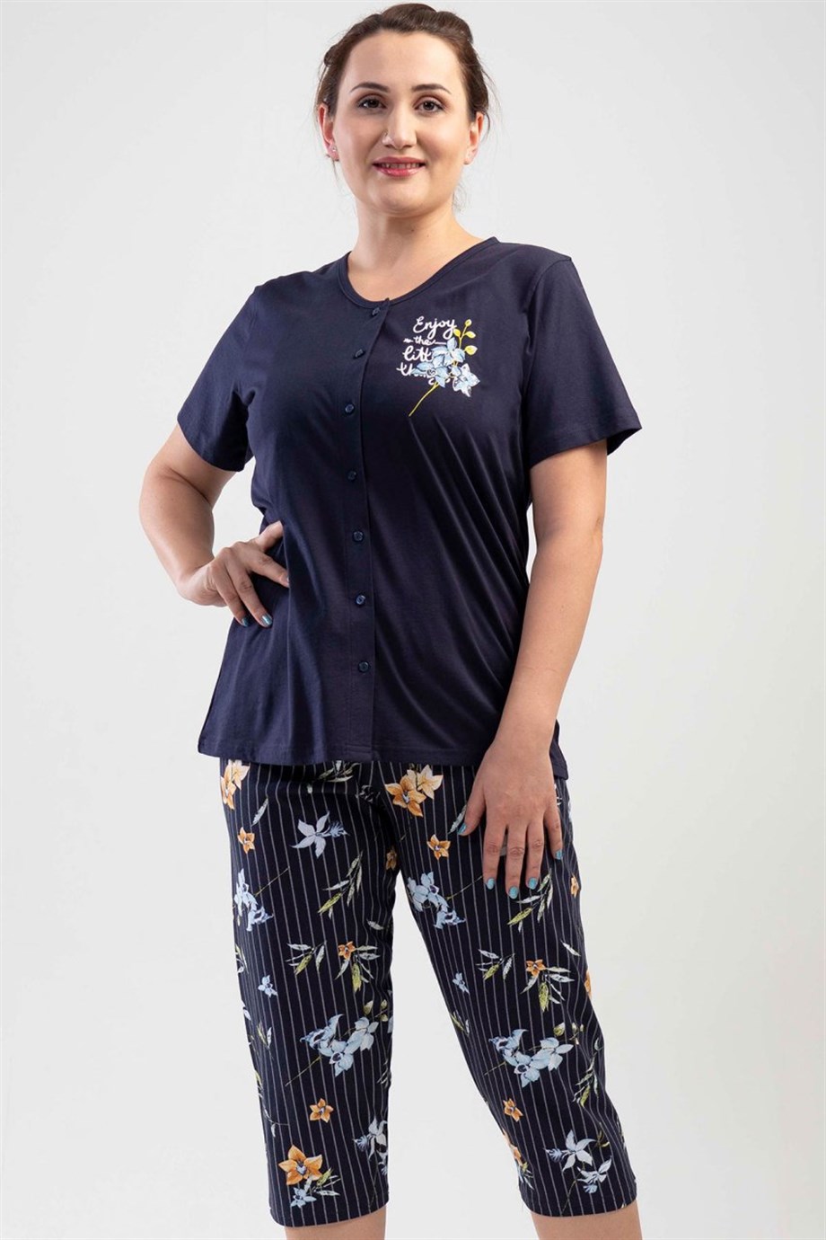 Vienetta (Mavi) Kadın Kısa Kollu Kaprili Büyük Beden Pijama Takımı 1101708975