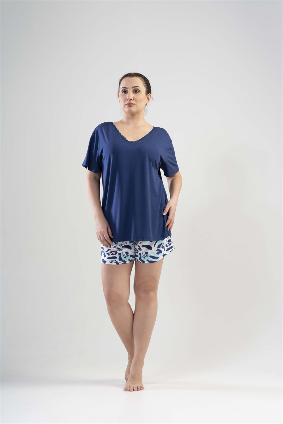 Vienetta (Mavi) Kadın Kısa Kollu Şortlu Büyük Beden Pijama Takımı 1114810530
