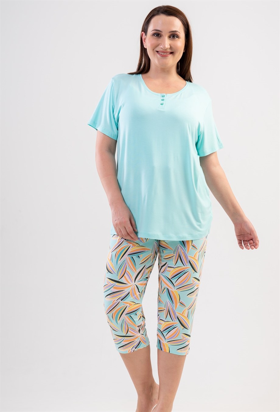 Vienetta (Mint) Kadın Kısa Kollu Kaprili Büyük Beden Pijama Takımı 1114850017