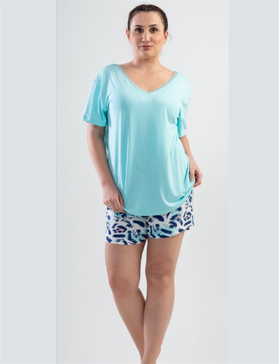 Vienetta (Mint) Kadın Kısa Kollu Şortlu Büyük Beden Pijama Takımı 1114810530