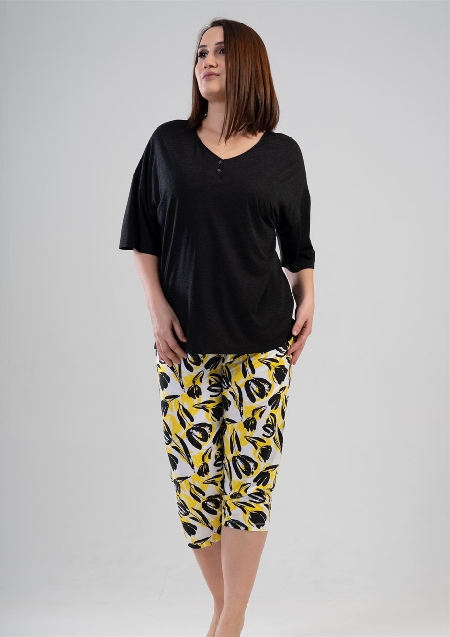 Vienetta (Siyah) Kadın Kısa Kollu Kaprili Büyük Beden Pijama Takımı 1113912909