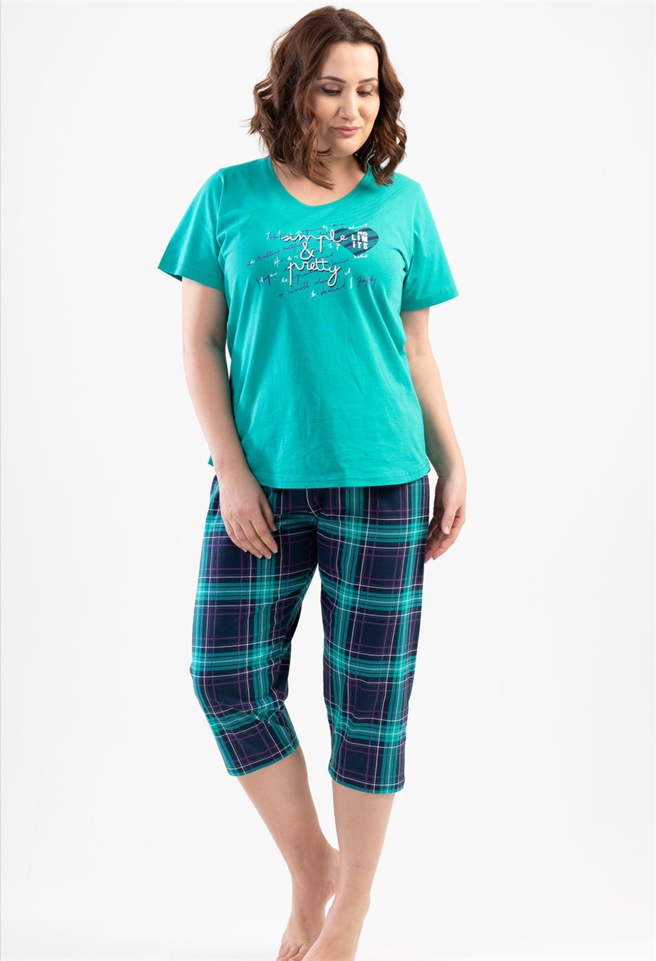 Vienetta (Yeşil) Kadın Kısa Kollu Kaprili Büyük Beden Pijama Takımı 1120700402