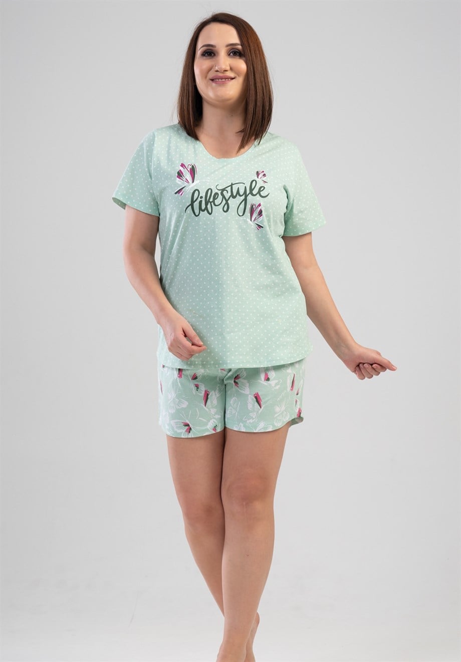 Vienetta (Yeşil) Kadın Kısa Kollu Şortlu Büyük Beden Pijama Takımı 1120920438