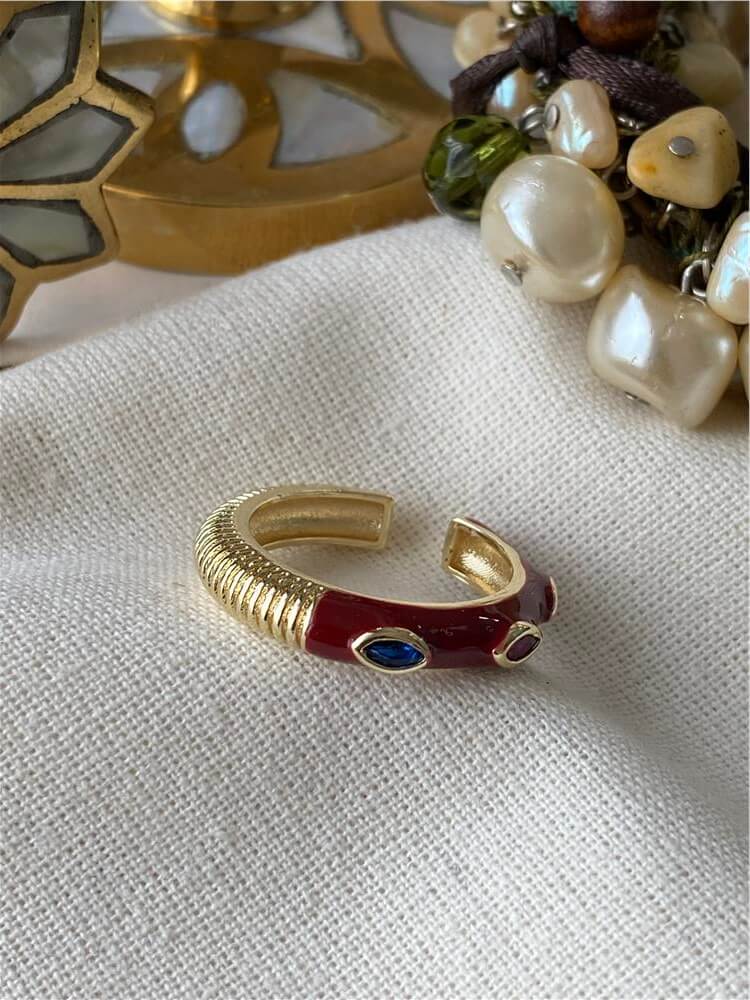 14K Çizgili Bordo Mineli Taşlı Yüzük