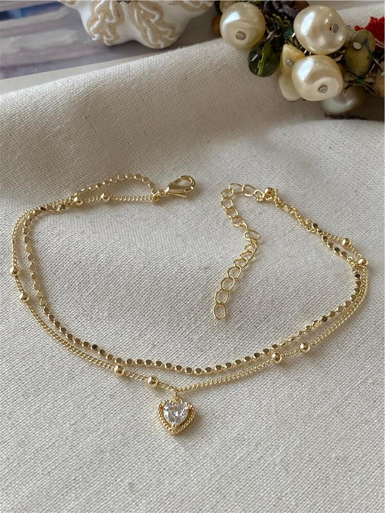 14K İkili Ezme Zincir Detaylı Dorikalı Mini Kalp Charmlı Halhal