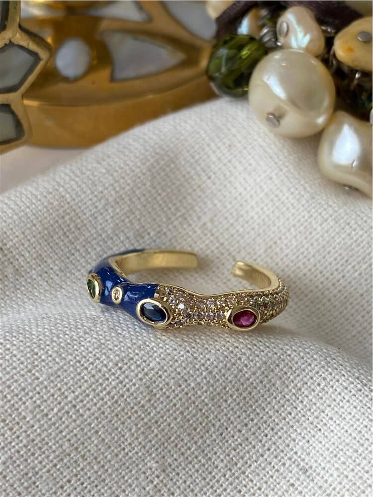14K Kıvrımlı Lacivert Mineli Renkli Taşlı Yüzük