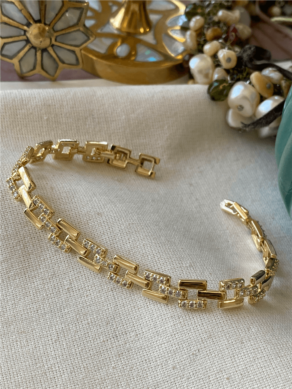 14K Taşlı Kare Zincir Bileklik