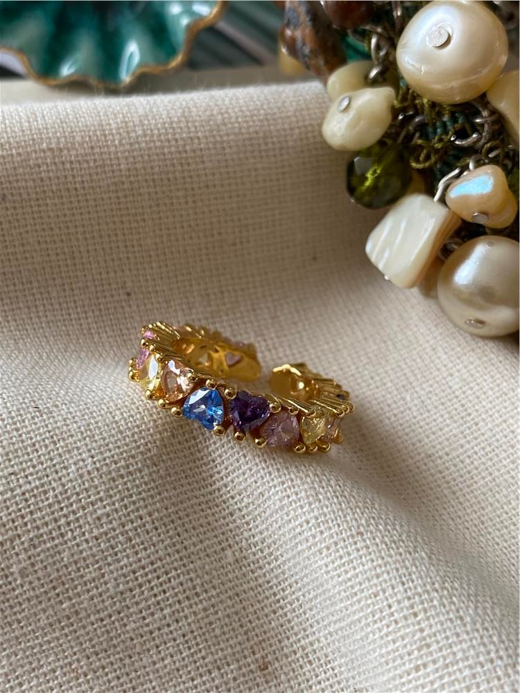 Ayarlanabilir Altın Kaplama Renkli Kalpler Yüzük