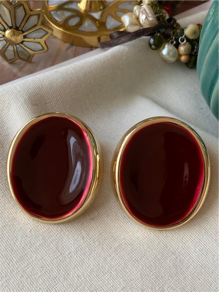 Bordo Mineli Büyük Düğme Küpe