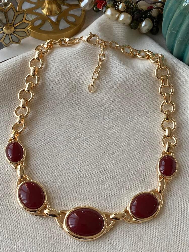 Bordo Taşlı Gold Zincir Kolye