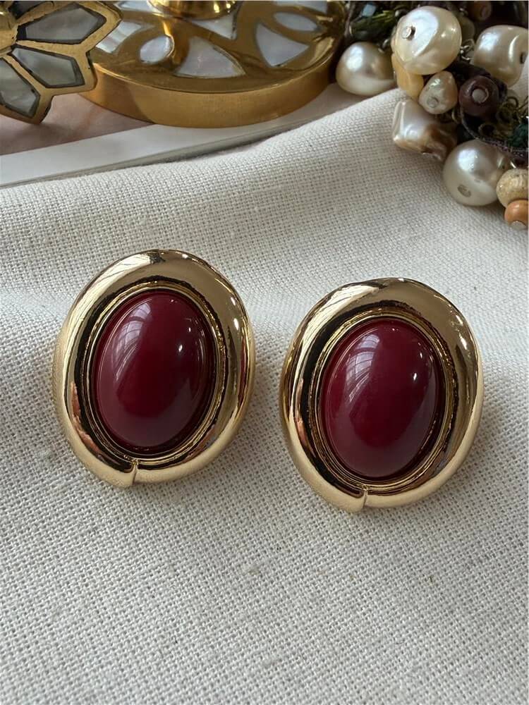 Bordo Taşlı Mini Oval Küpe