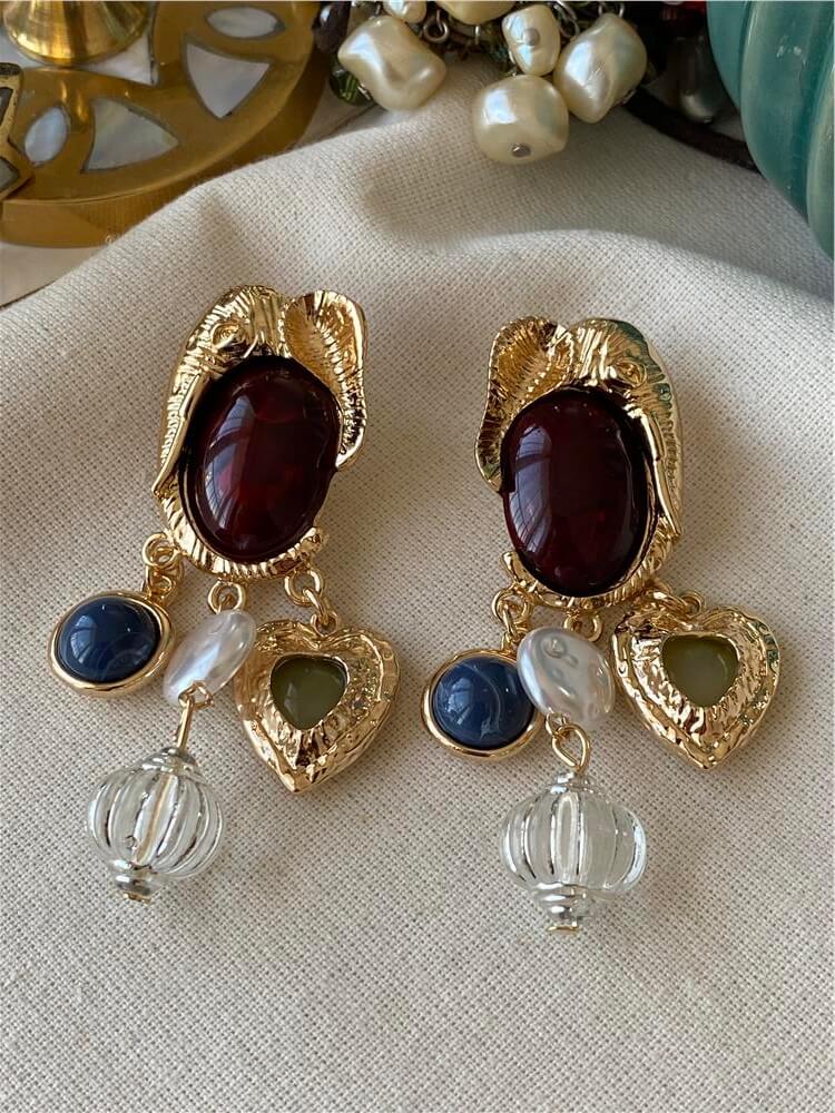 Bordo Taşlı Sallantılı Vintage Küpe
