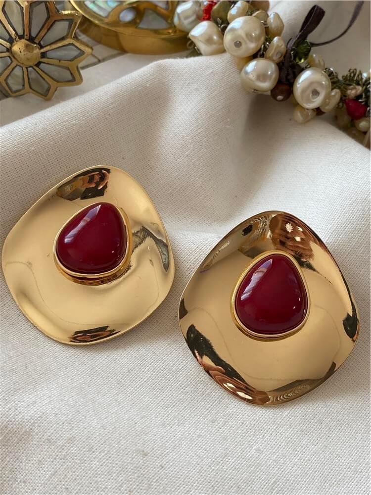 Bordo Taşlı Vintage Plaka Küpe