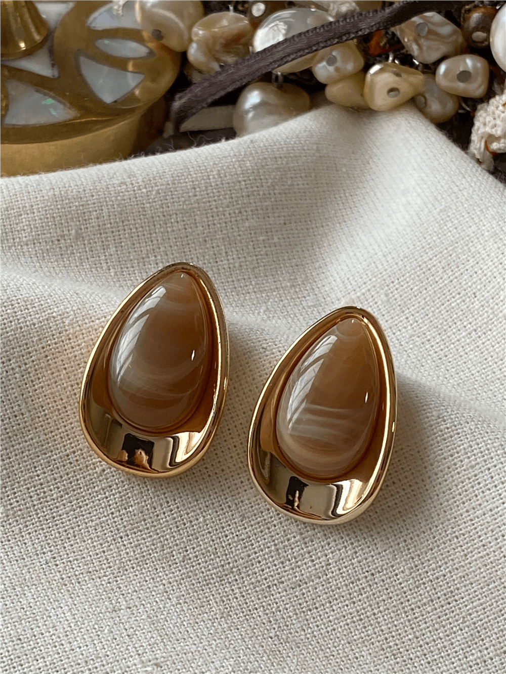 Bronz Kahve Taşlı Damla Model Küpe