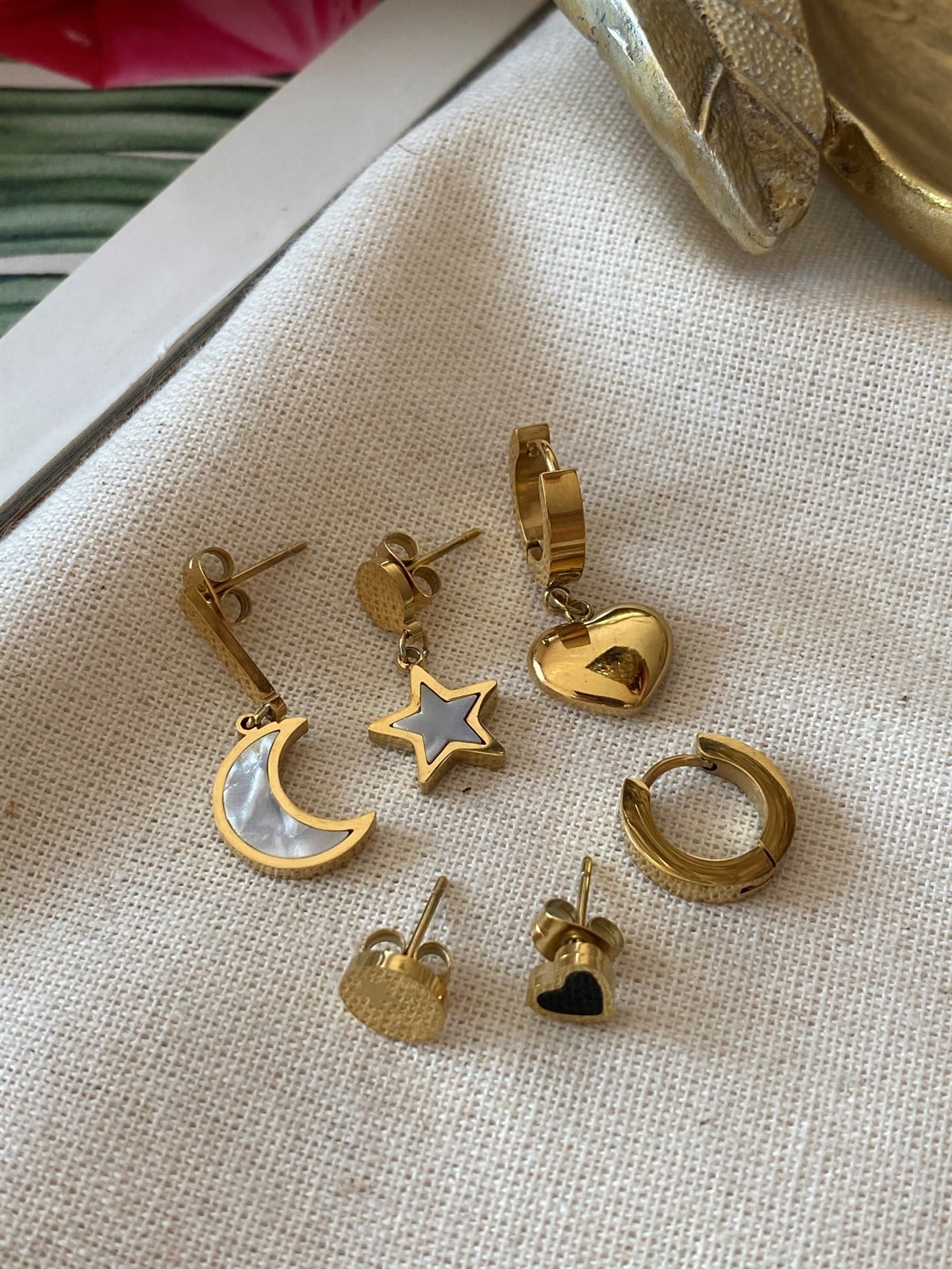 Çelik Altılı Ay Yıldız Küpe