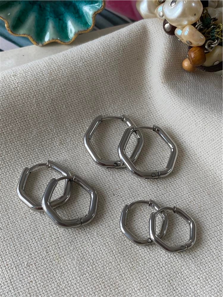Çelik Altılı Silver Altıgen Küpe