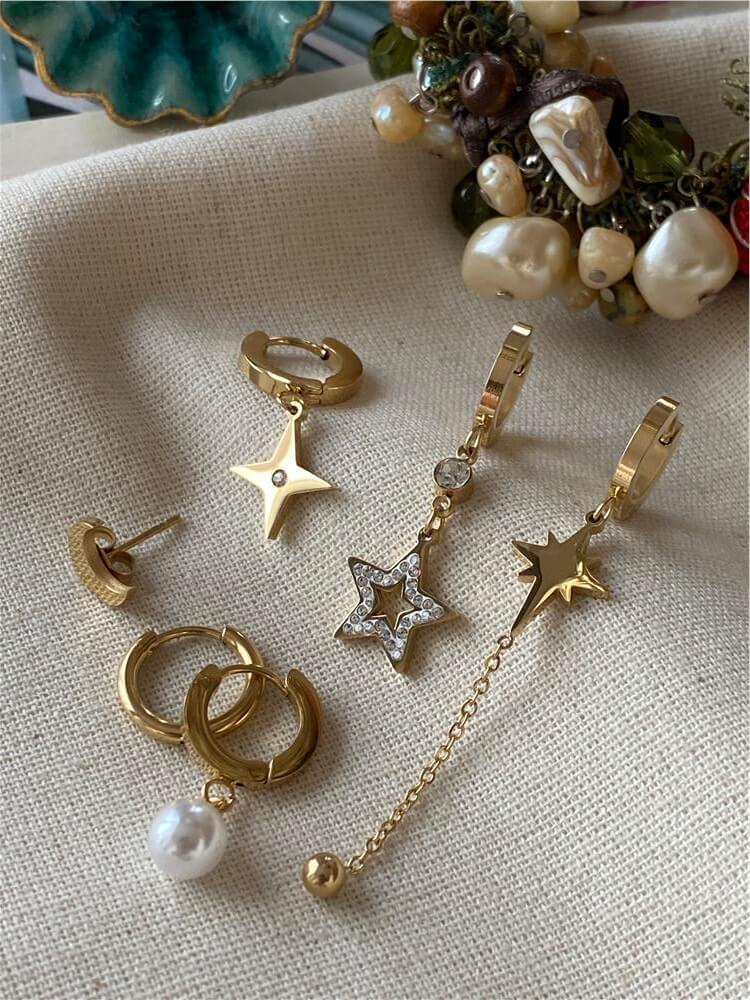 Çelik Altılı Taşlı Yıldızlar Küpe Seti