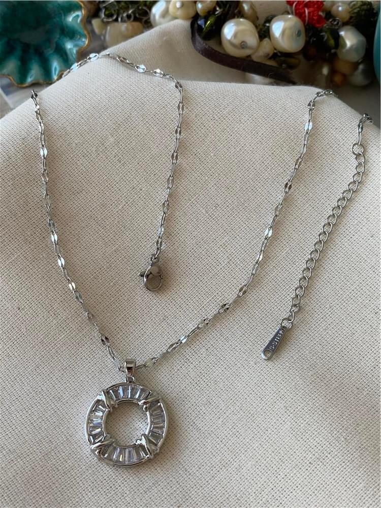 Çelik Baget Taşlı Silver Ring Kolye
