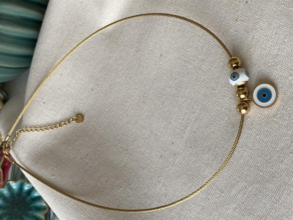 Çelik Beyaz Nazar Choker Kolye 