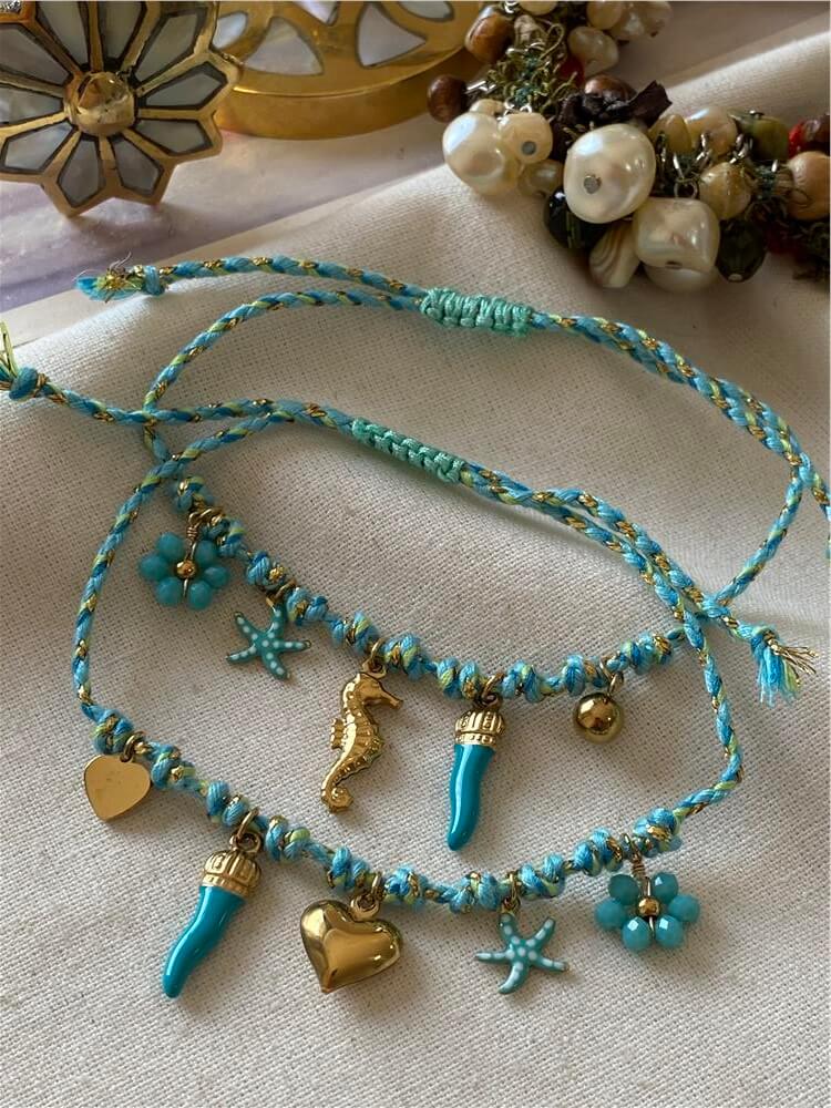 Çelik Charmlı Çoklu Kullanımlı Turkuaz İp Bileklik