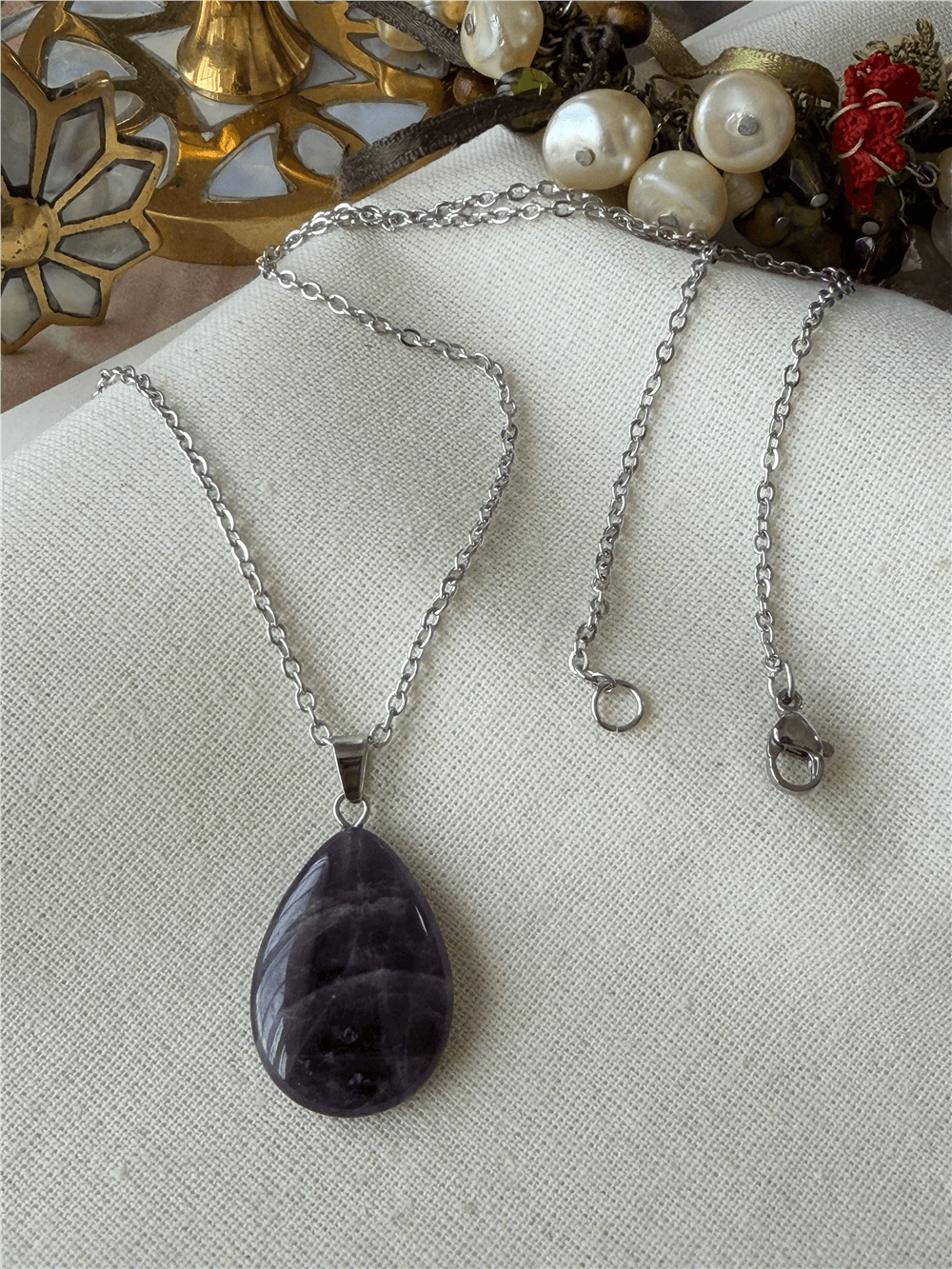 Çelik Damla Model Ametist Kolye