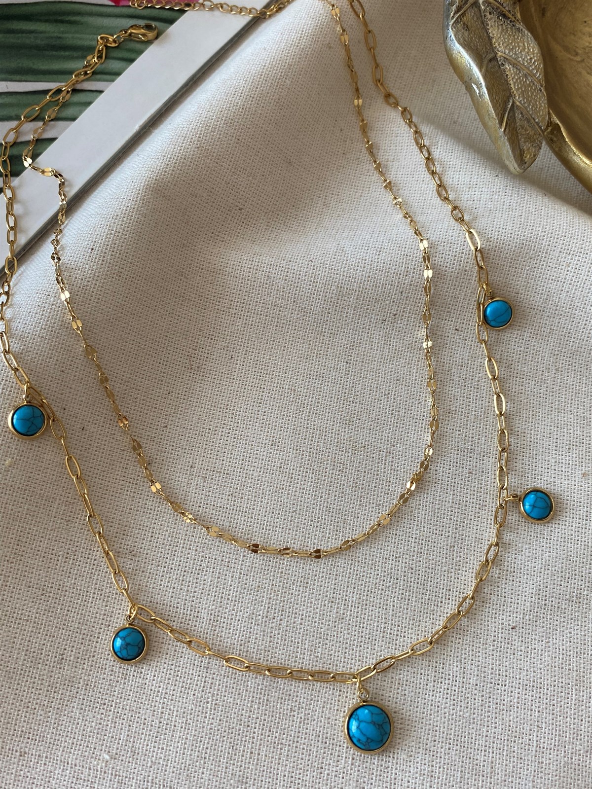 Çelik Firuzeli İkili Kolye