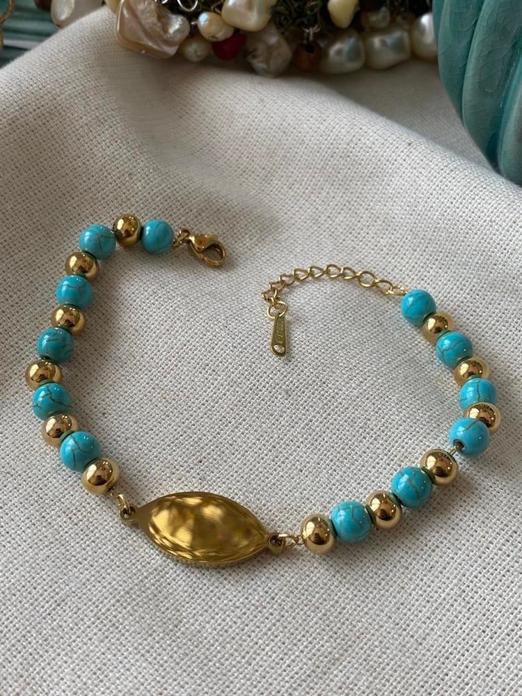 Çelik Gold Plaka Firuze Bileklik