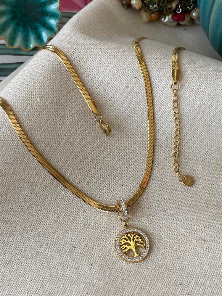 Çelik Gold Yassı Hayat Ağacı Kolye 