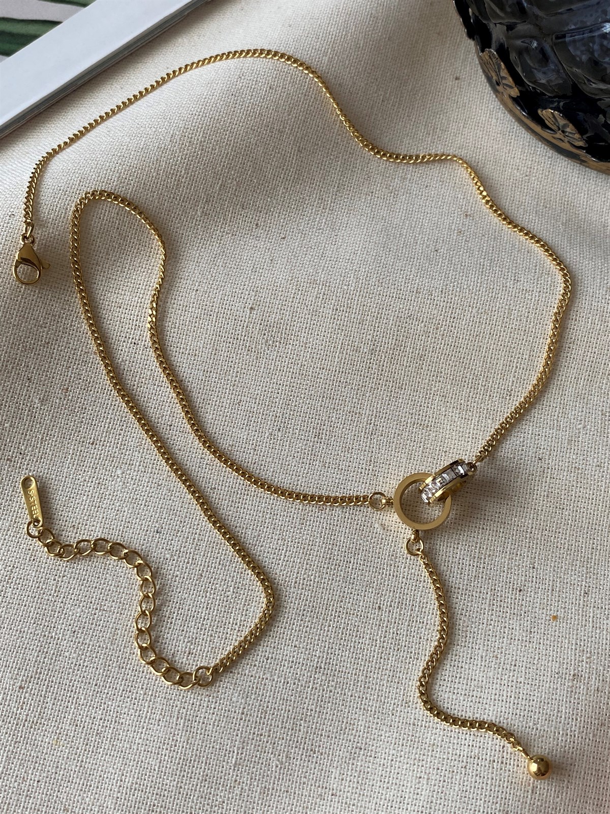 Çelik İçiçe Taşlı Halka Kolye