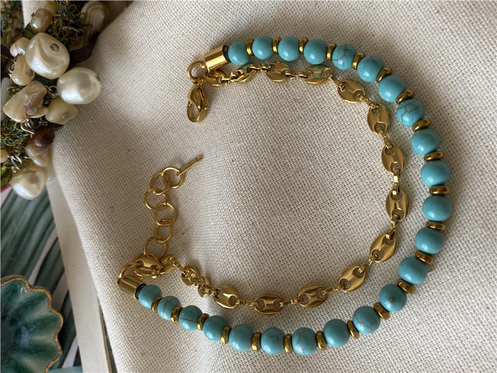 Çelik İkili Düğmeli Firuze Bileklik