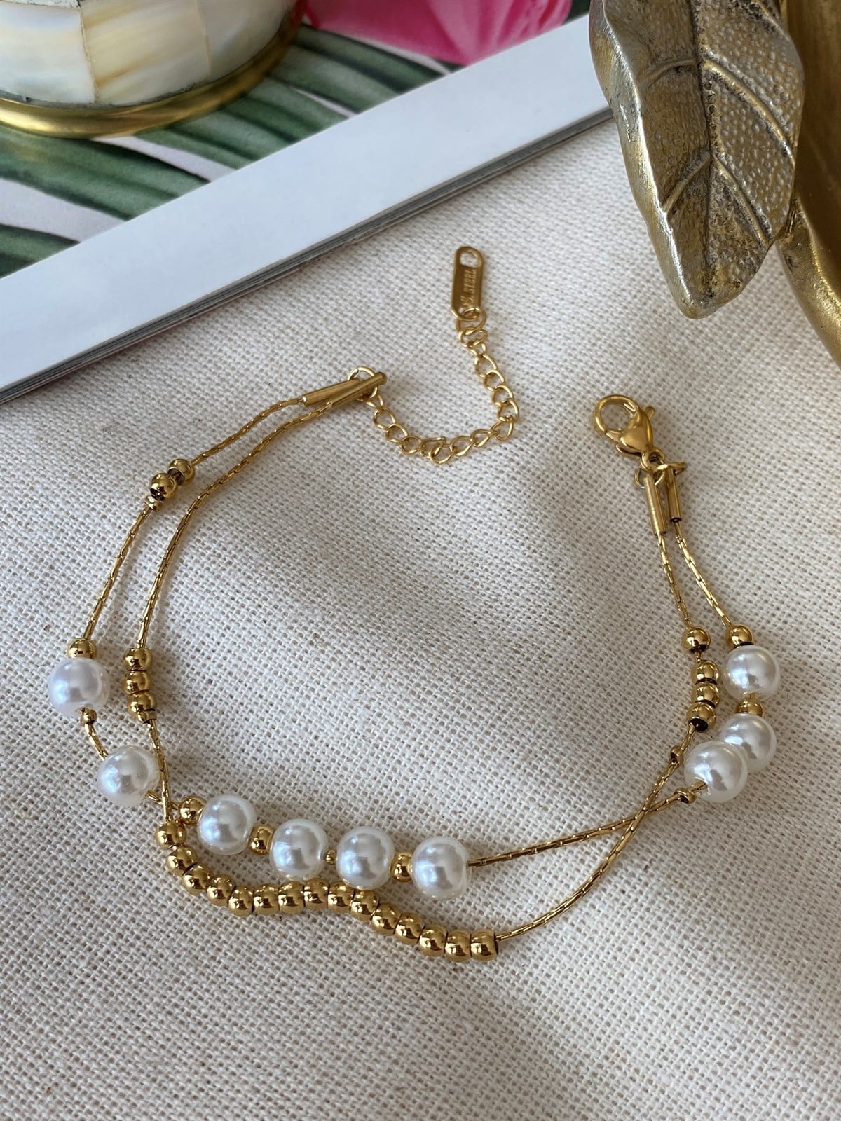 Çelik İkili İncili Bileklik