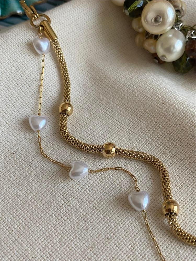 Çelik İkili Kalp İncili Hasır Bileklik