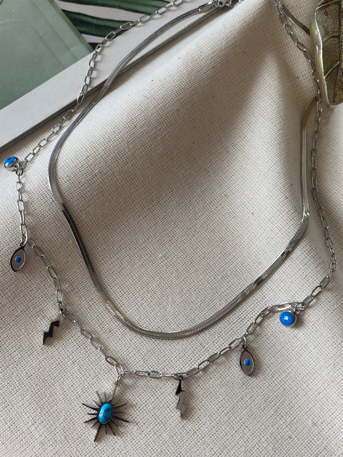 Çelik İkili Mavili Şimşek Kolye