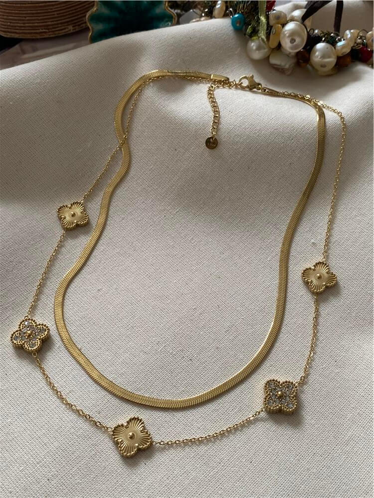 Çelik İkili Taş Detaylı Cleef Kolye