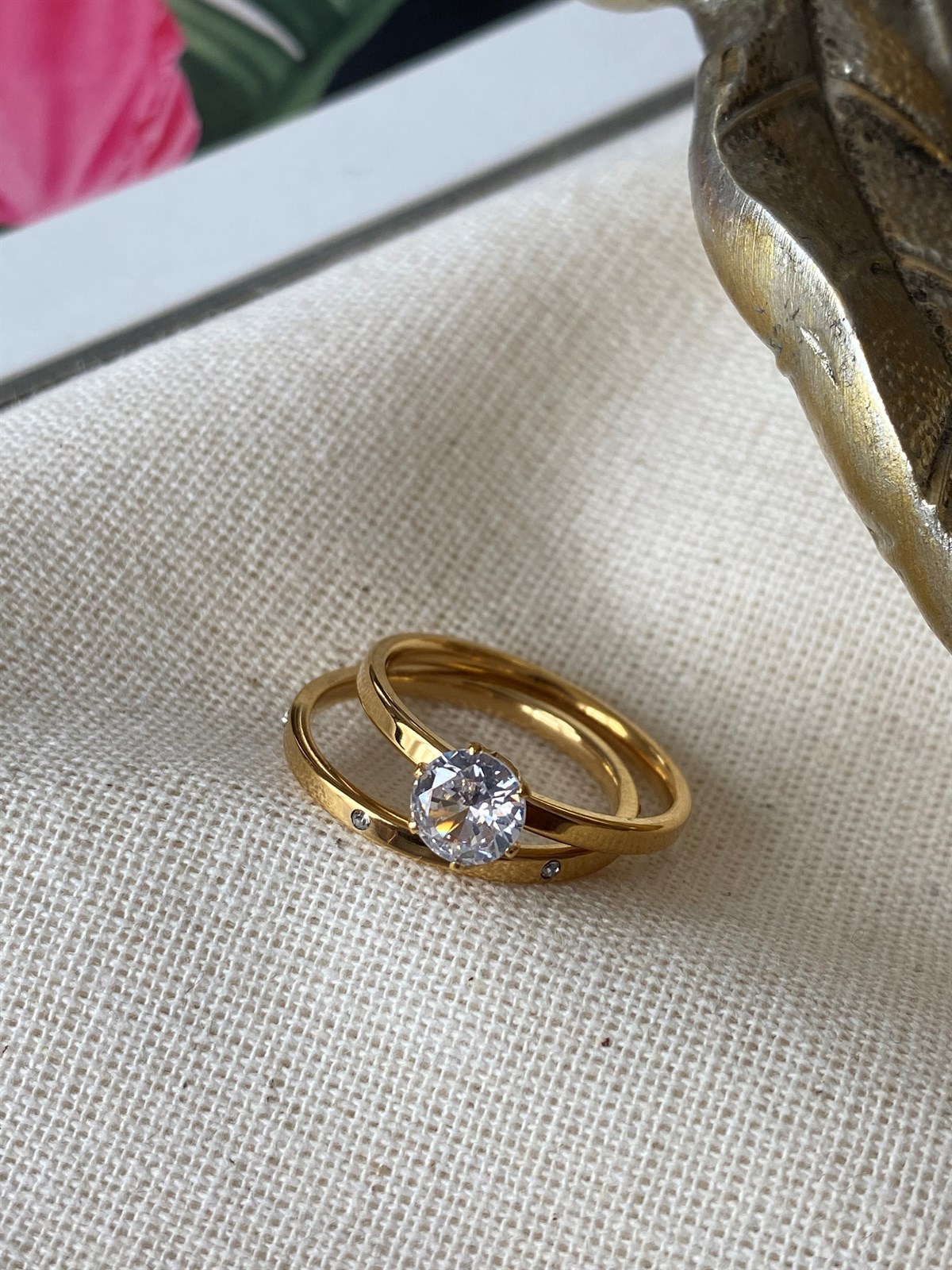 Çelik İkili Tek Taşlı Yüzük