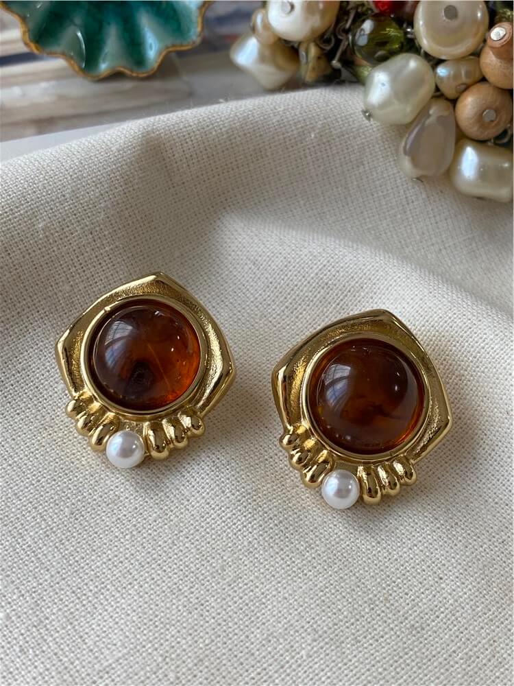 Çelik İnci Detaylı Kahverengi Vintage Küpe
