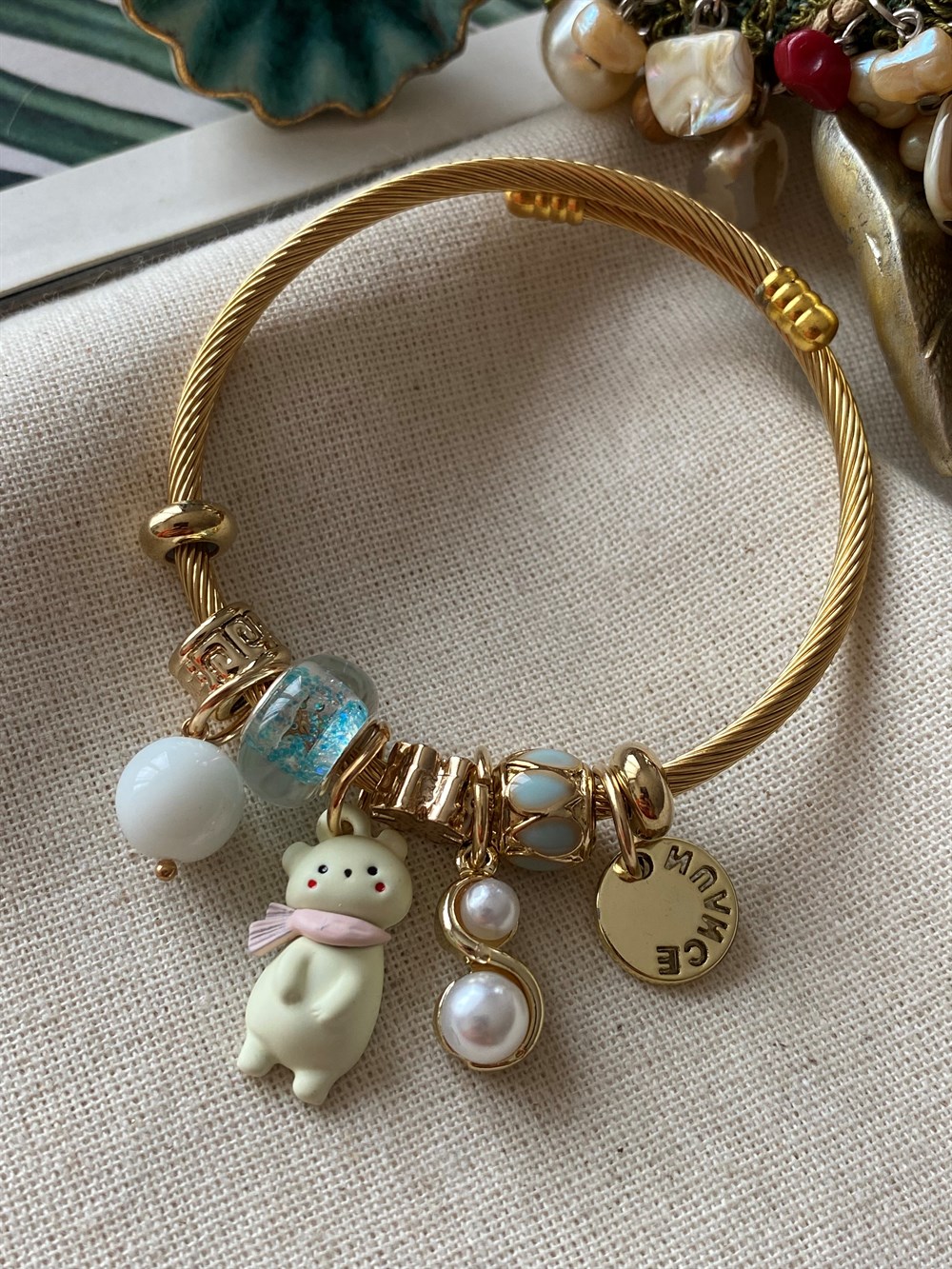 Çelik İncili Ayıcık Charm Bileklik