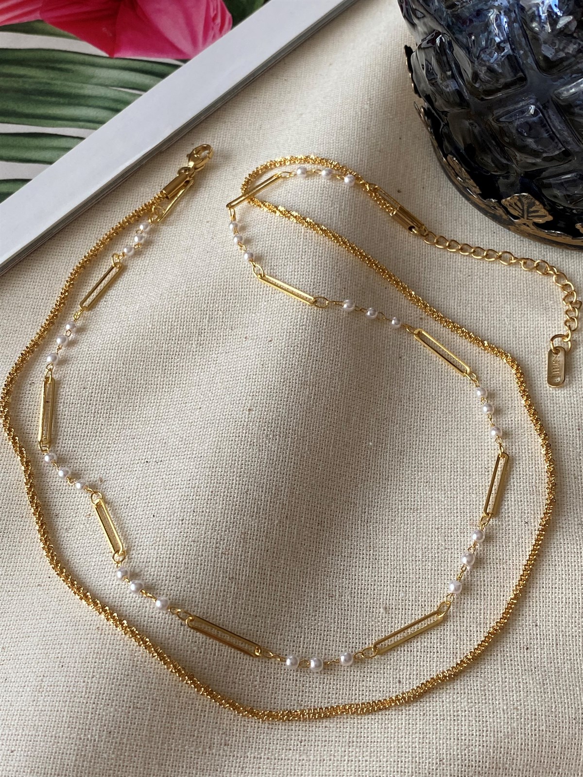 Çelik İncili İkili Kolye