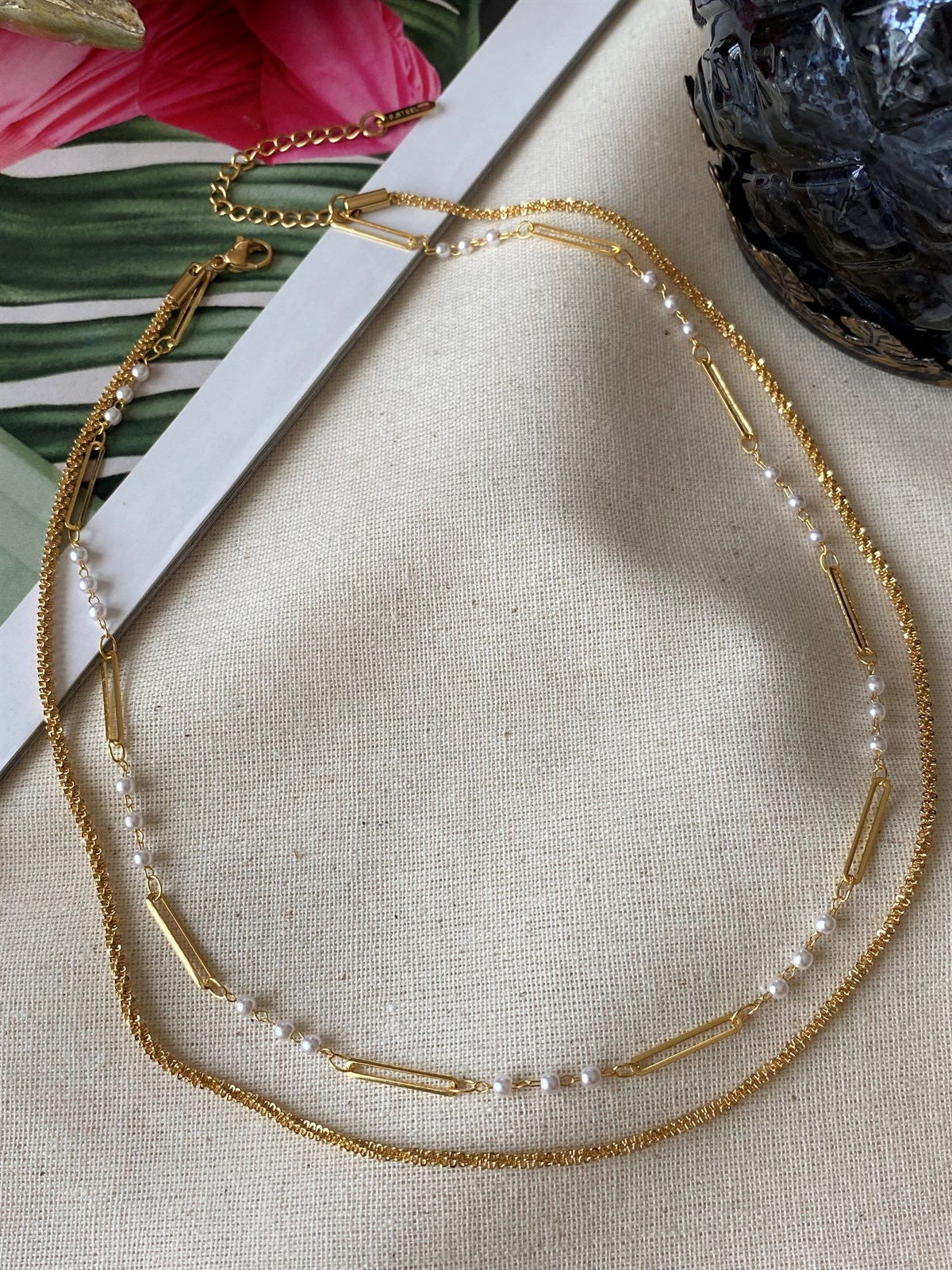 Çelik İncili İkili Kolye