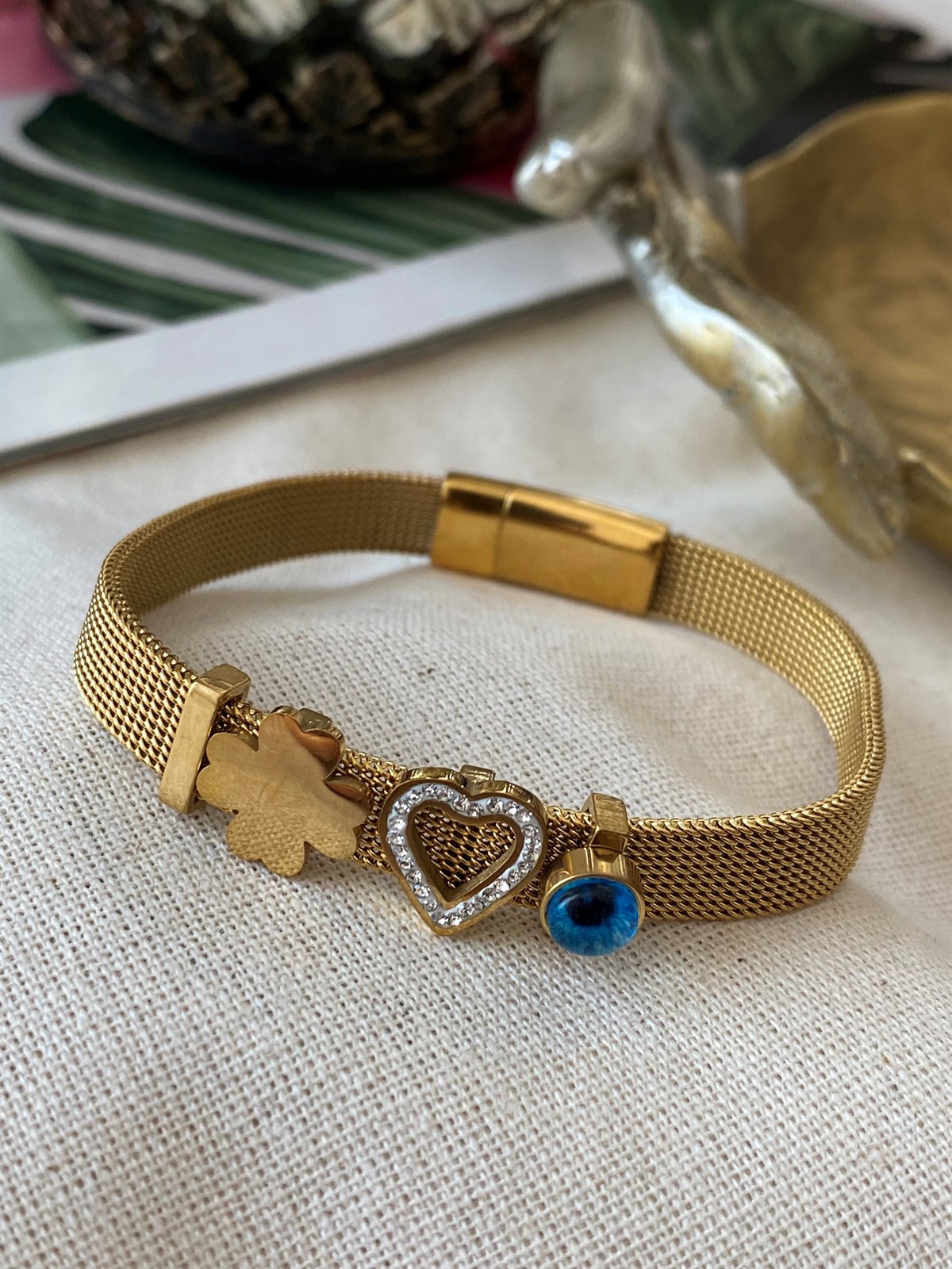 Çelik Kalp Yonca Charm Bileklik