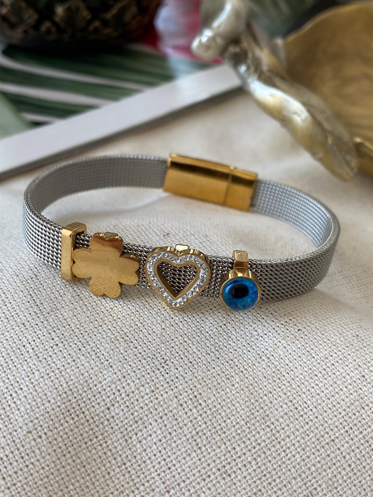 Çelik Kalp Yonca Charm Bileklik