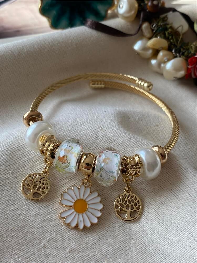 Çelik Kordonlu Papatya Charmlı Bileklik