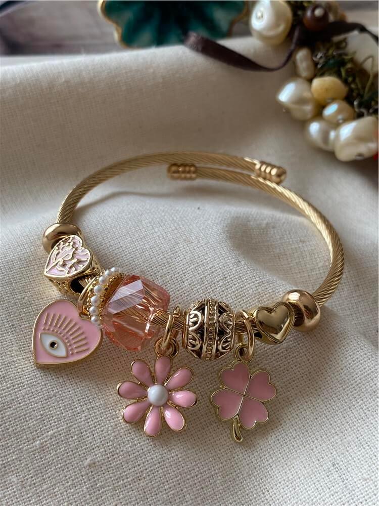 Çelik Kordonlu Pembe Kalp Nazar Charmlı Bileklik