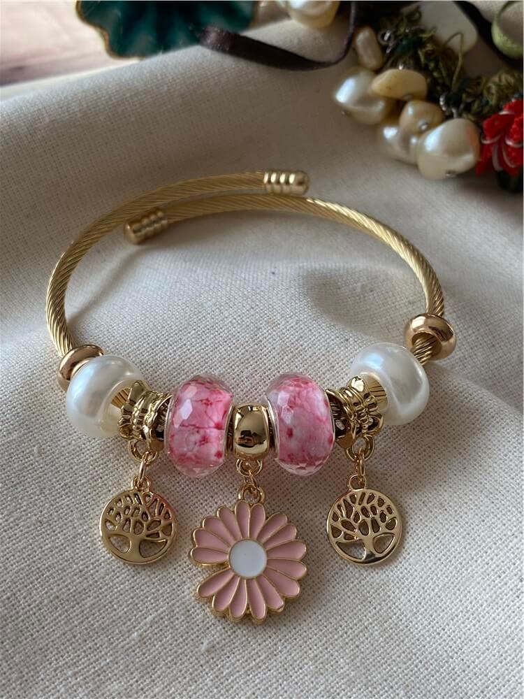 Çelik Kordonlu Pembe Papatya Charmlı Bileklik