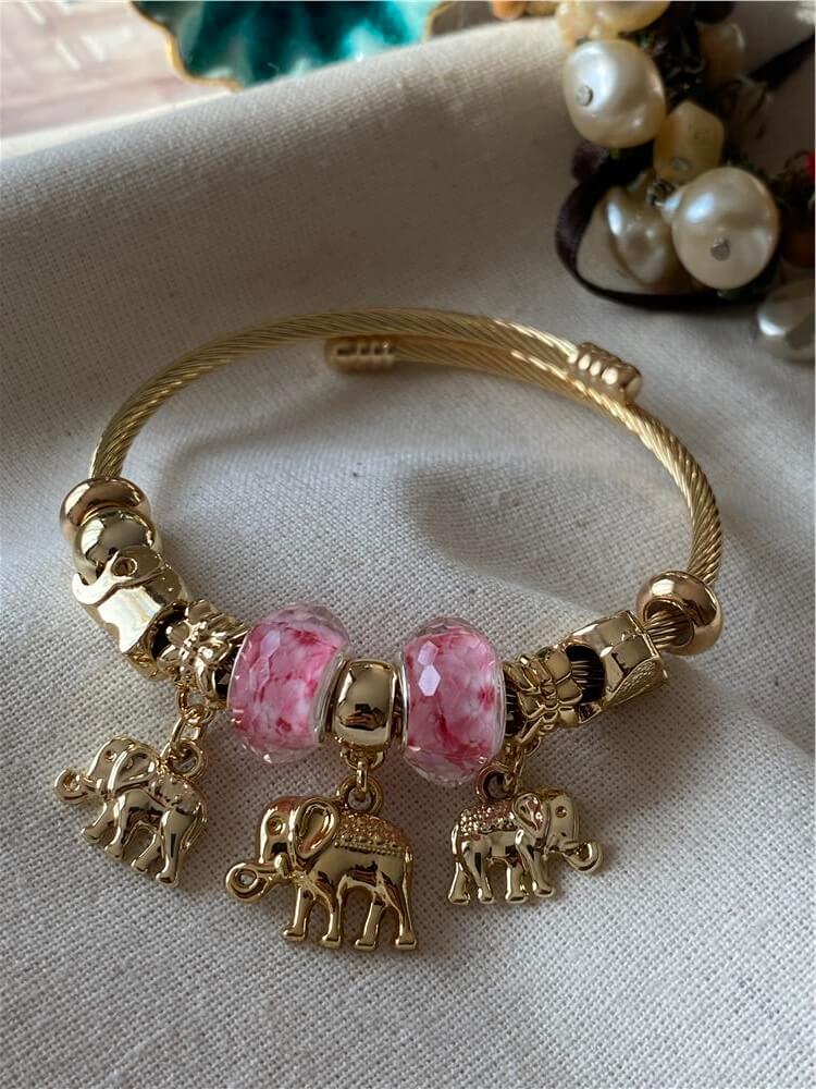 Çelik Kordonlu Pembe Taşlı Fil Charmlı Bileklik