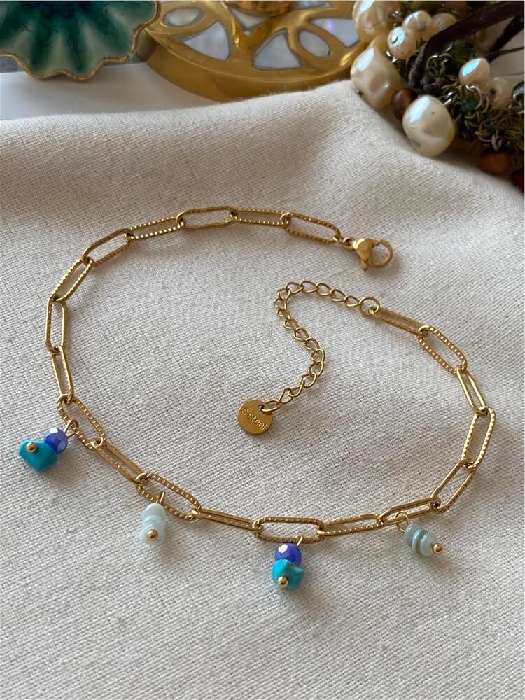 Çelik Mavi Taşlı Ataç Zincir Halhal