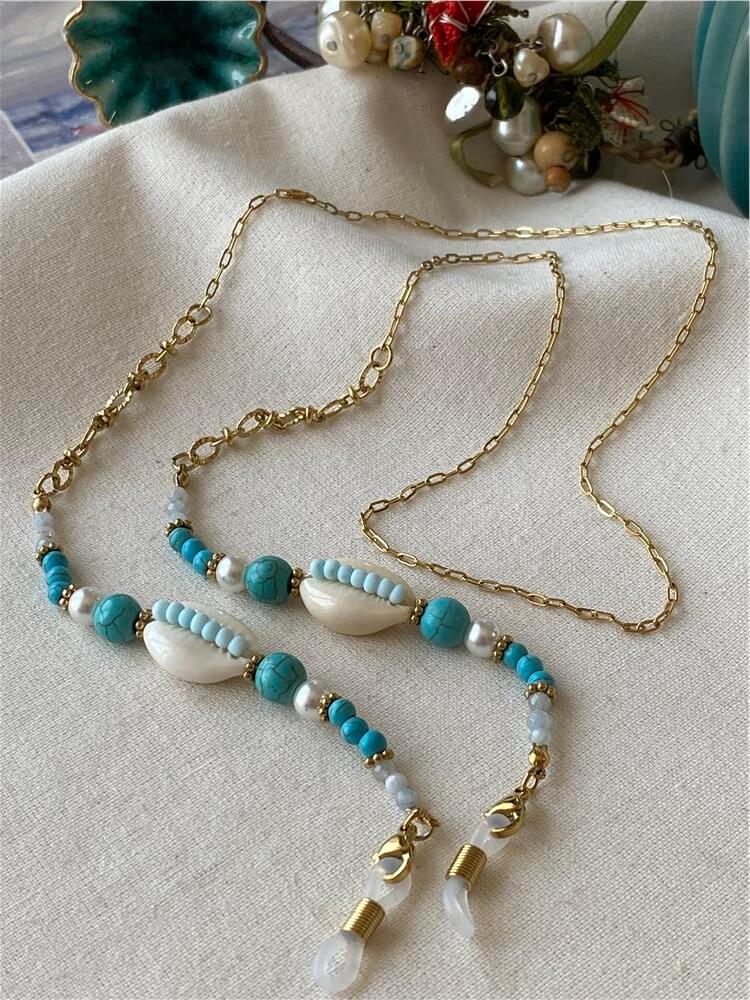 Çelik Mavi Taşlı Deniz Kabuğu Detaylı Gözlük Askısı