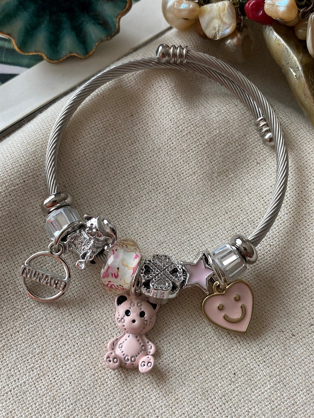Çelik Pembe Ayıcık Charm Bileklik