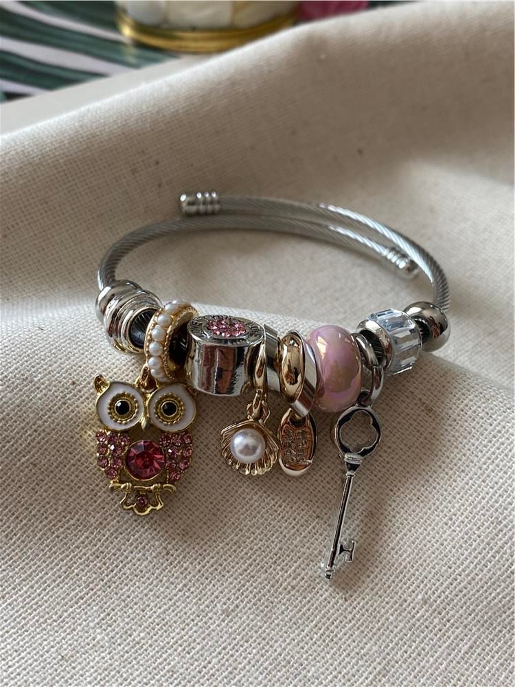 Çelik Pembe Baykuş Charm Bileklik