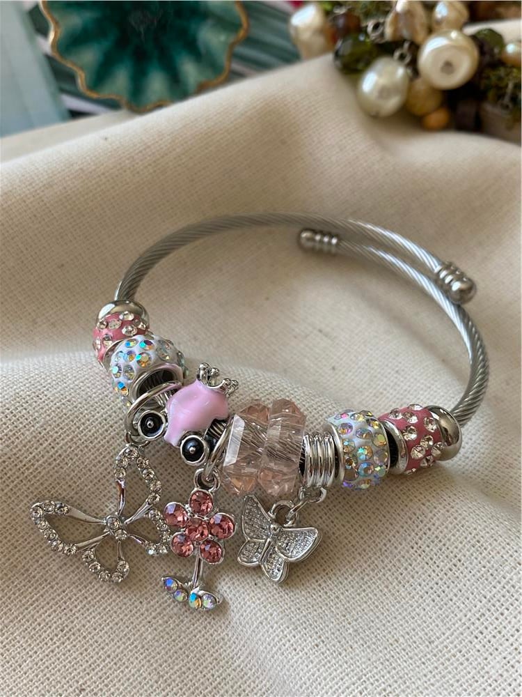 Çelik Pembe Çiçek Kelebek Charm Bileklik
